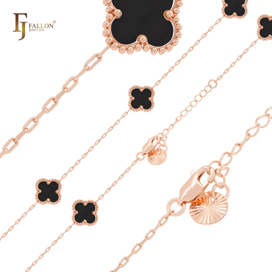 Armbänder oder Ketten in Form von Glückskleeblättern in Roségold mit Büroklammergliedern in reinem Weiß oder Schwarz