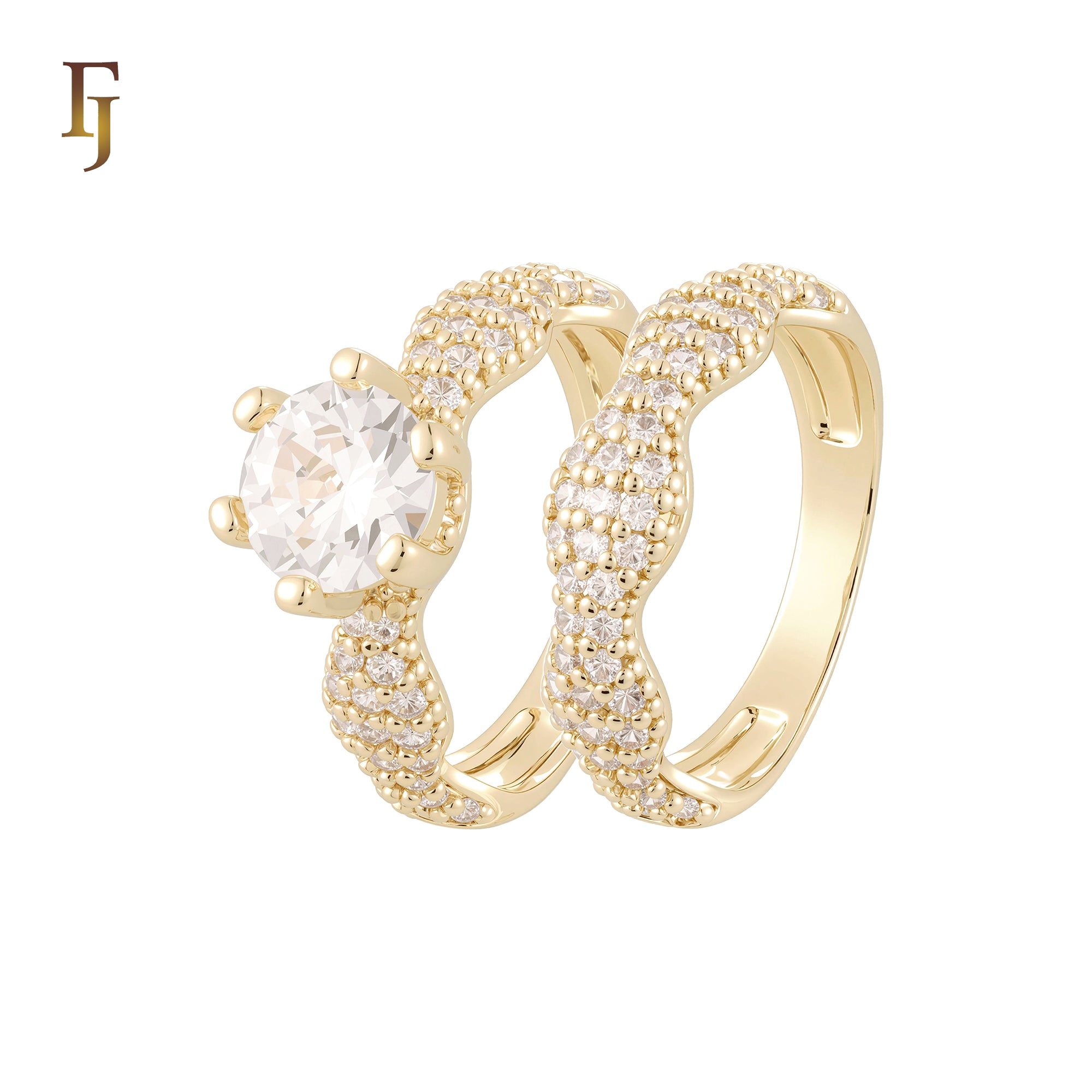 Wavy luxurious White CZs 14K Gold, Rose Gold Wedding Set Rings Engagement and Band