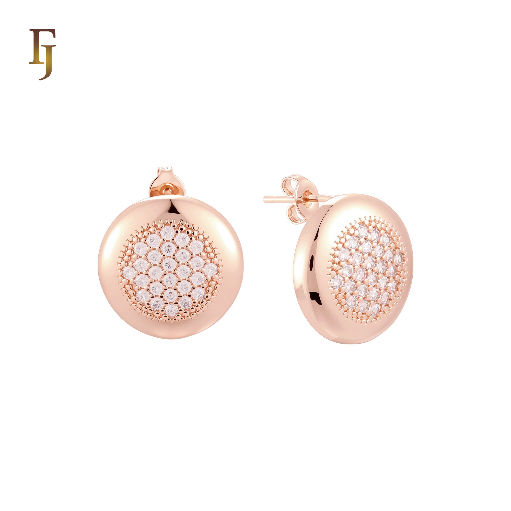 Rounded disc of white Czs 14K Gold, Rose Gold Stud Earrings