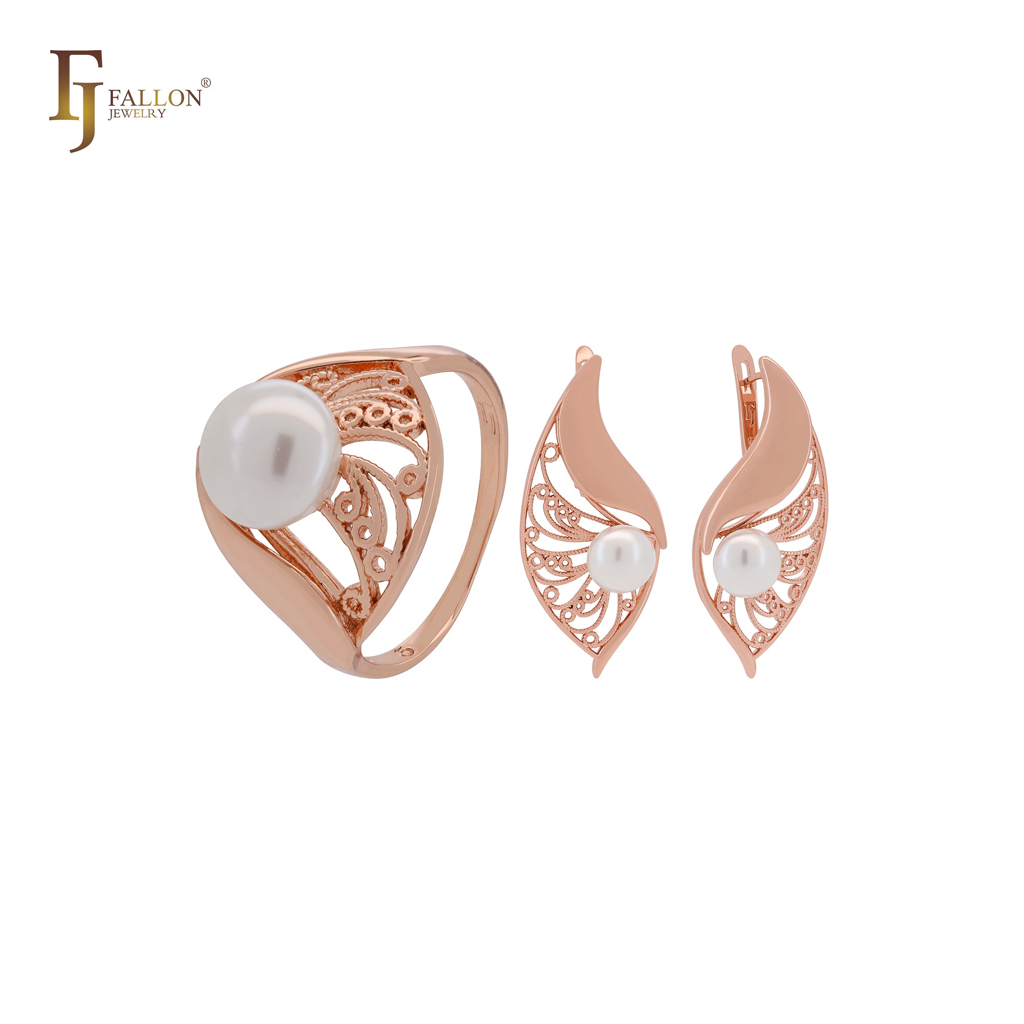 Grandes hojas de filigrana con Perla Conjunto de Joyería en Oro Rosa con Anillos
