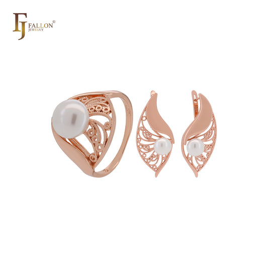 Grandes folhas de filigrana com conjunto de joias de ouro rosa pérola com anéis