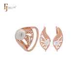 Grandes hojas de filigrana con Perla Conjunto de Joyería en Oro Rosa con Anillos