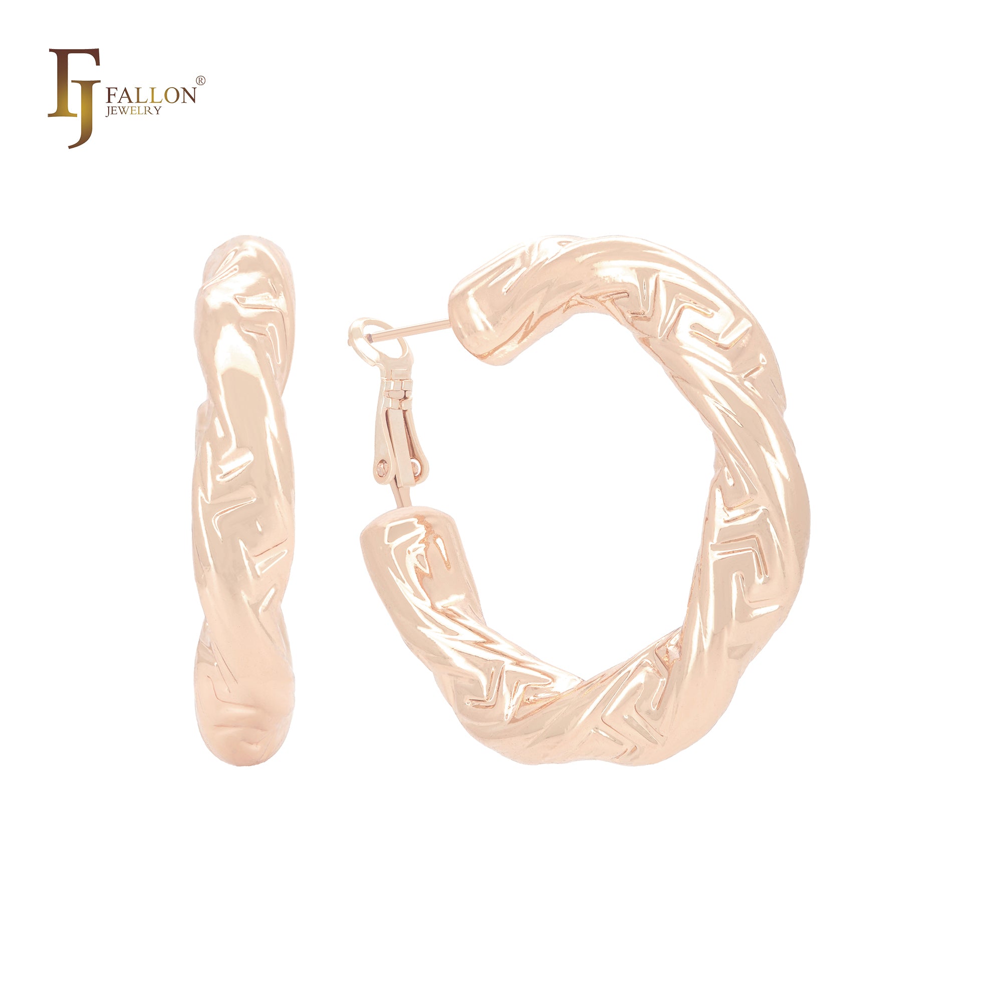 Aros de oro de 14 quilates, oro rosa y oro blanco con forma de llave griega irregular y tubo retorcido.