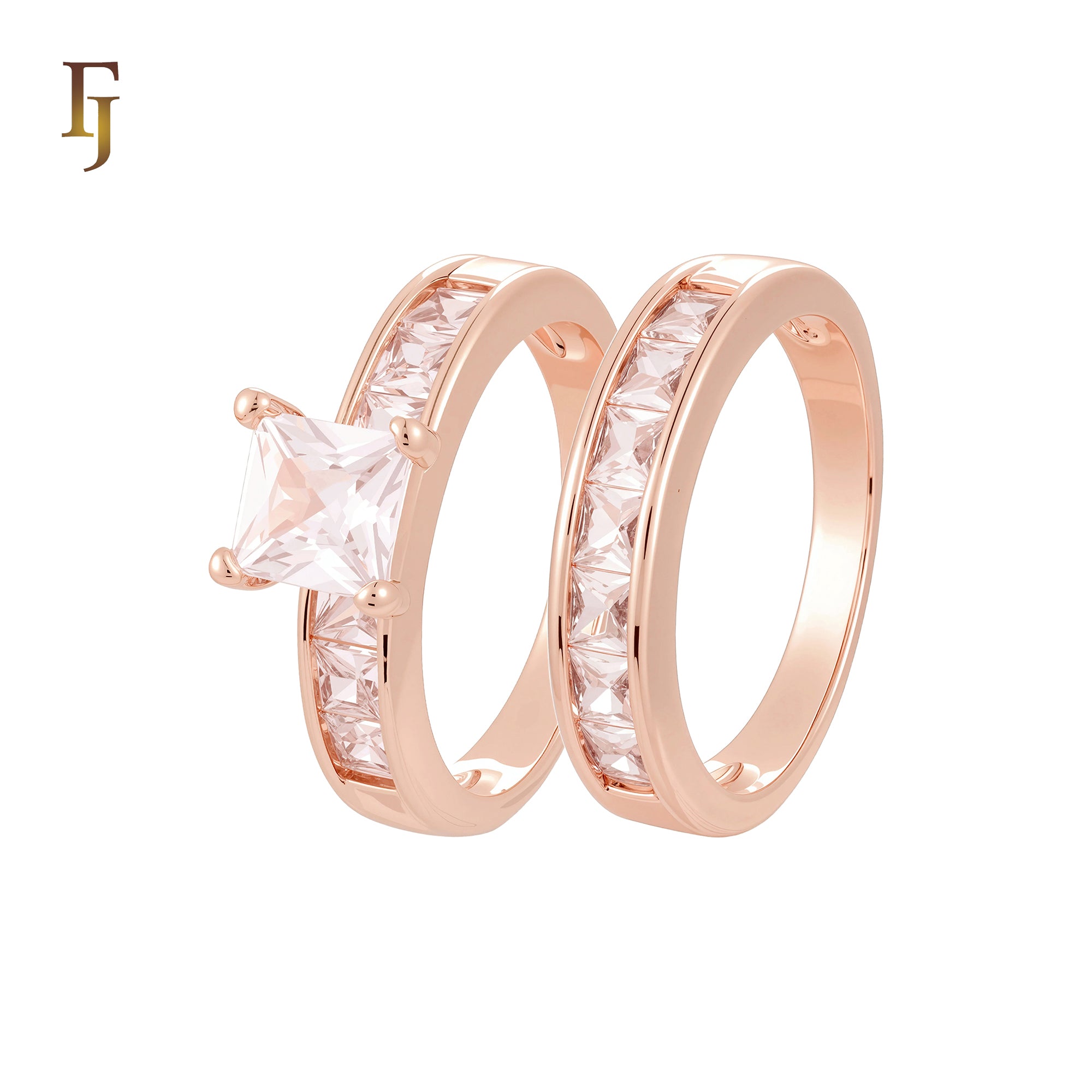 Squared Cluster Baguette White CZs 14K Gold, Rose Gold Wedding Set Rings