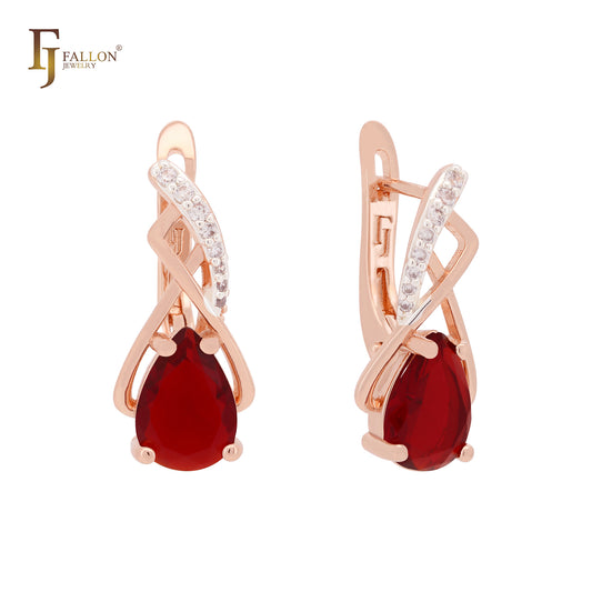 Pendientes de clip en oro rosa de dos tonos con circonitas escarlatas y forma de pera con garras cruzadas