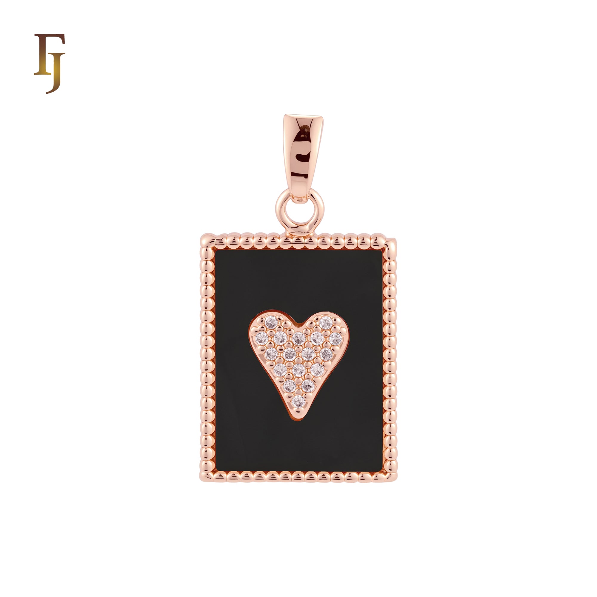 Heart of cluster white CZs in a Mirror of Black or White Onyx Beads Frame 14K Gold, Rose Gold Pendant