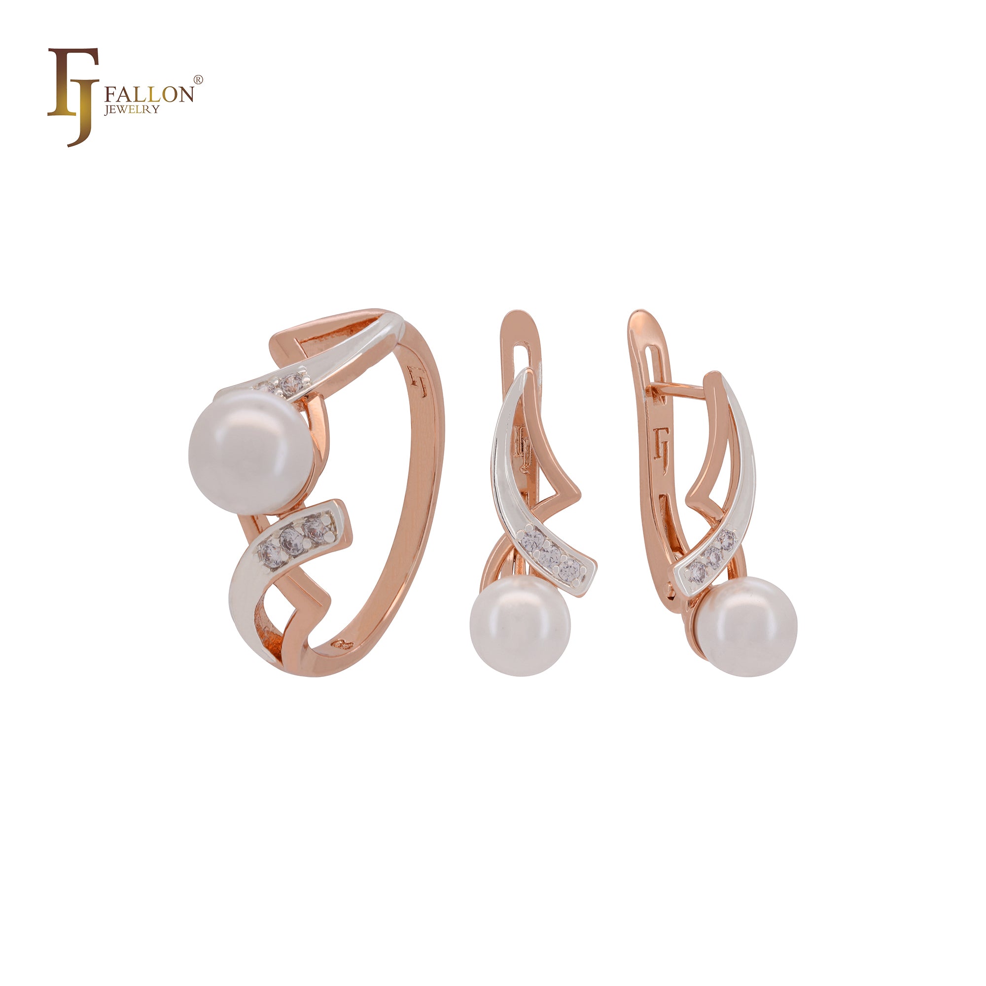 Conjunto de joyas de oro rosa de dos tonos con perla y circonitas blancas y anillos