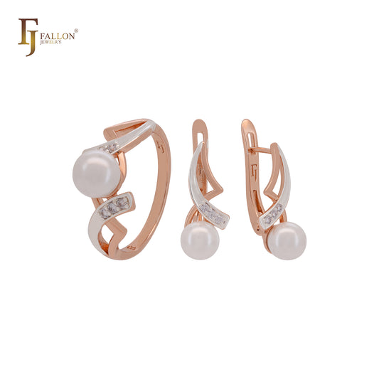 Conjunto de joyas de oro rosa de dos tonos con perla y circonitas blancas y anillos