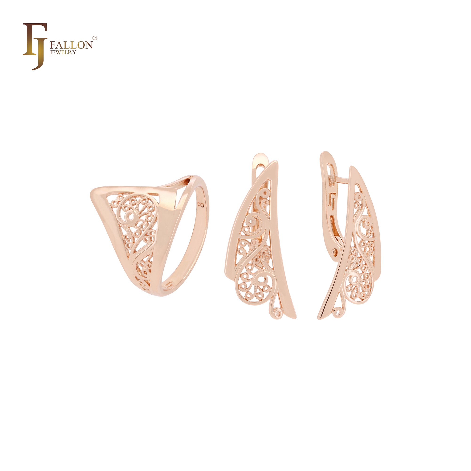 Conjunto de joyas de oro rosa con filigrana de chevron y anillos