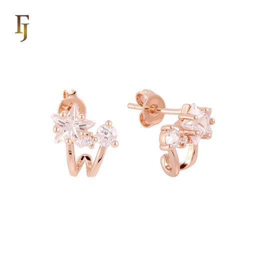 Shape of W spring with Star and round white CZs 14K Gold, Rose Gold Stud Earrings