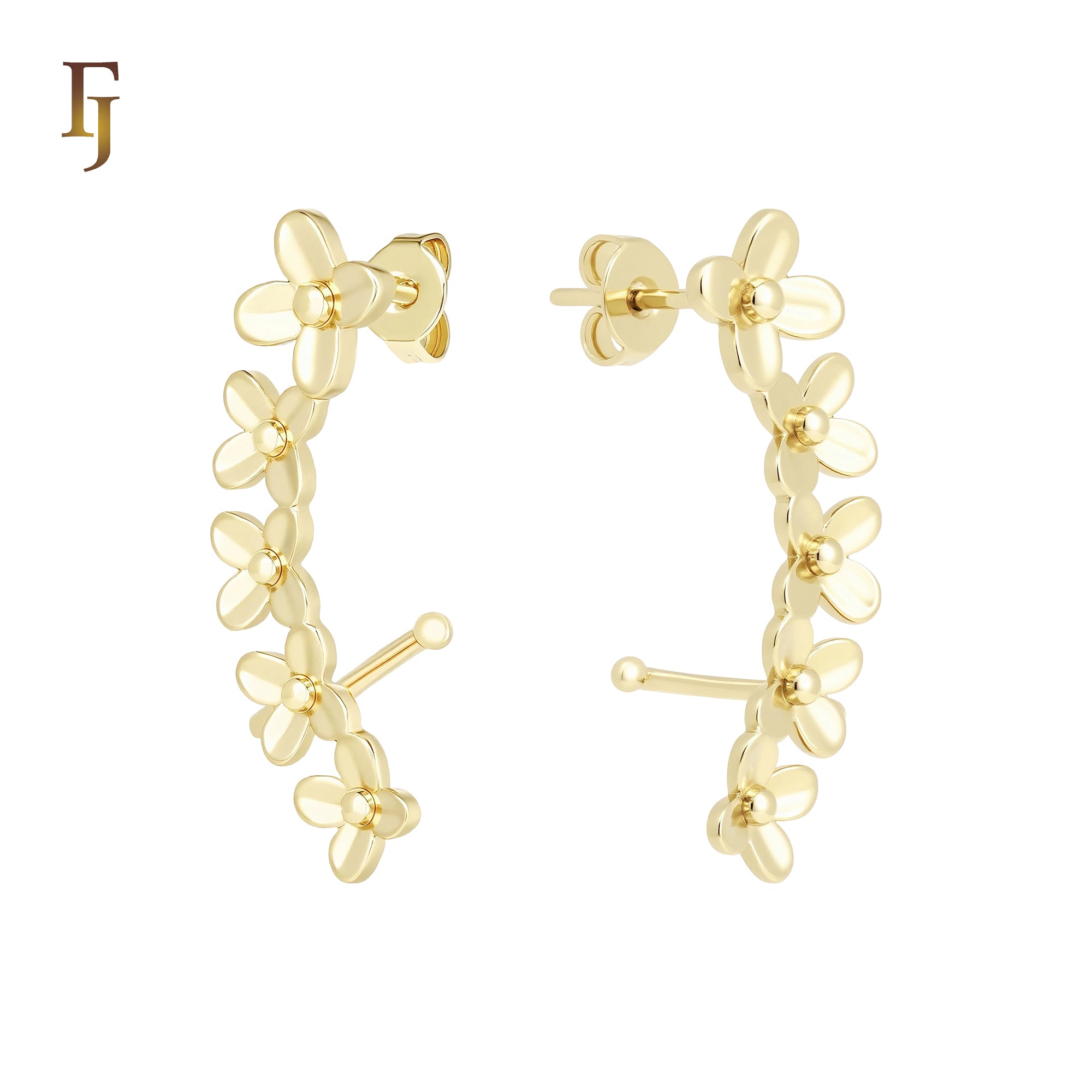 Clover flower cluster 14K Gold, Rose Gold Cuff Stud Earrings