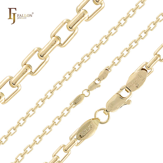 Oblong rounded box link chains plated in White Gold, 18K Gold, 14K Gold, Rose Gold, two tone