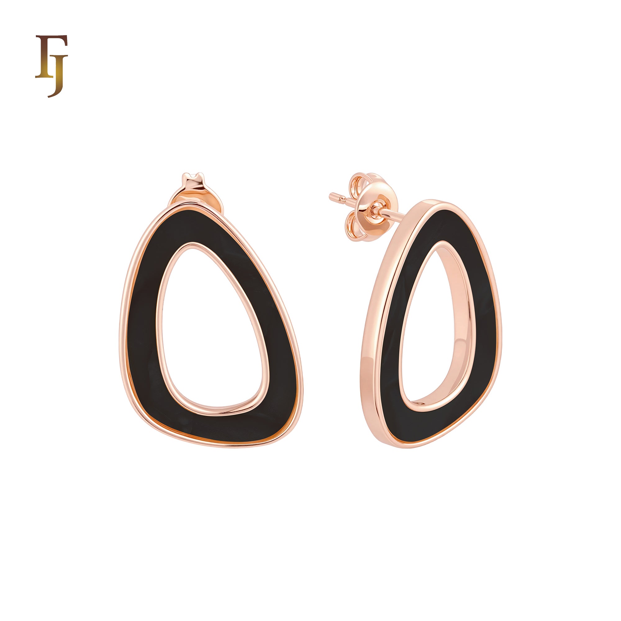 Irregular Hollow rounded shaped of Black or White Onyx 14K Gold, Rose Gold Stud Earrings