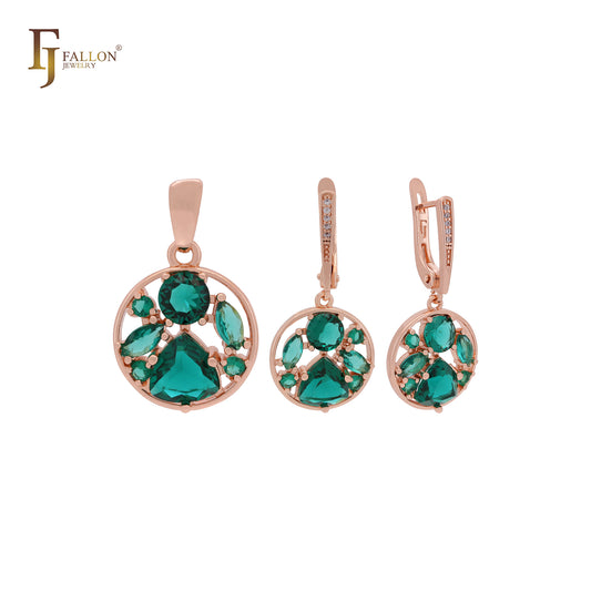 Lujoso conjunto de joyas de oro rosa con colgante y esmeraldas en racimo.