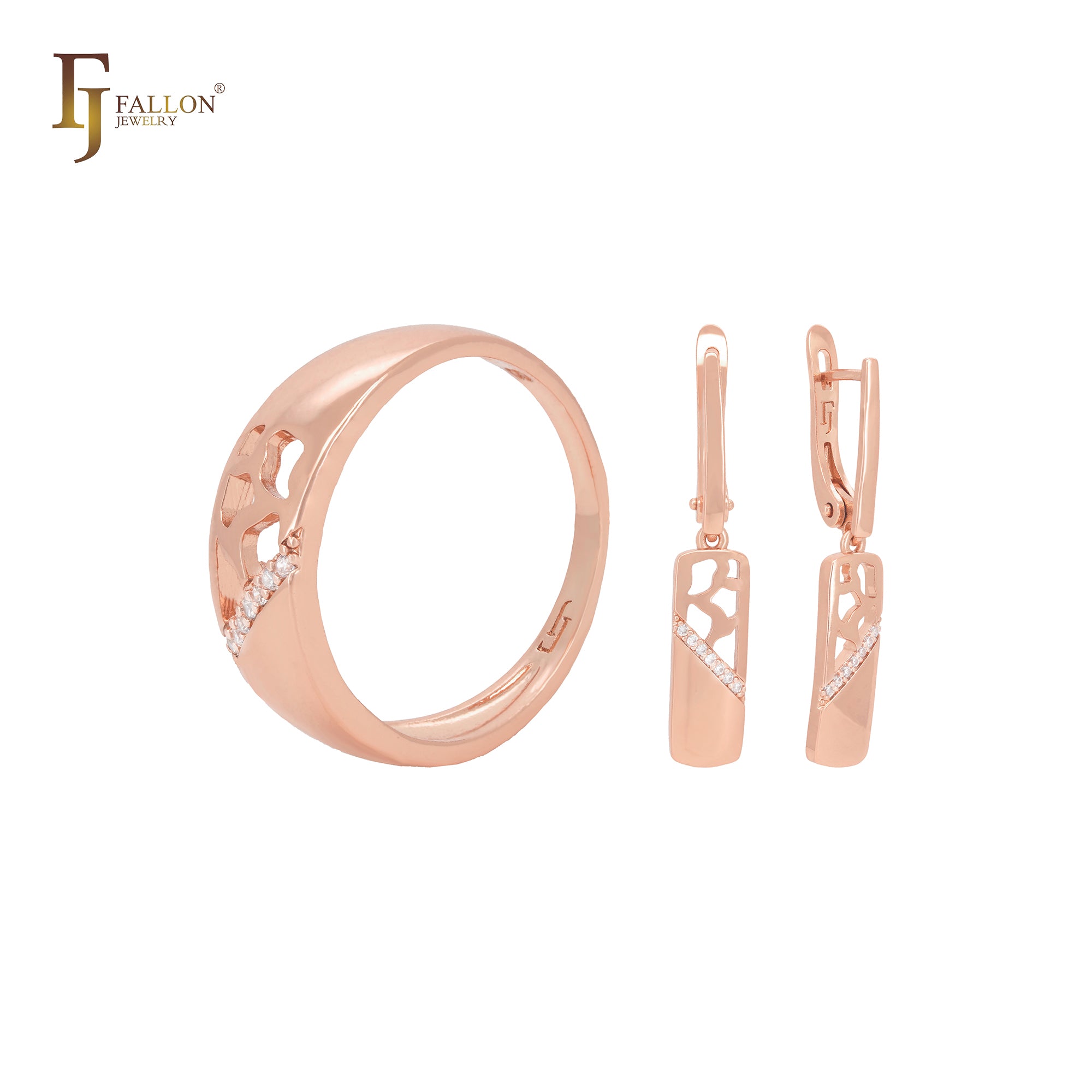 Conjunto de joyas geométricas de oro rosa con forma de media ventana y anillos