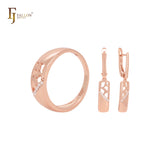 Conjunto de joyas geométricas de oro rosa con forma de media ventana y anillos