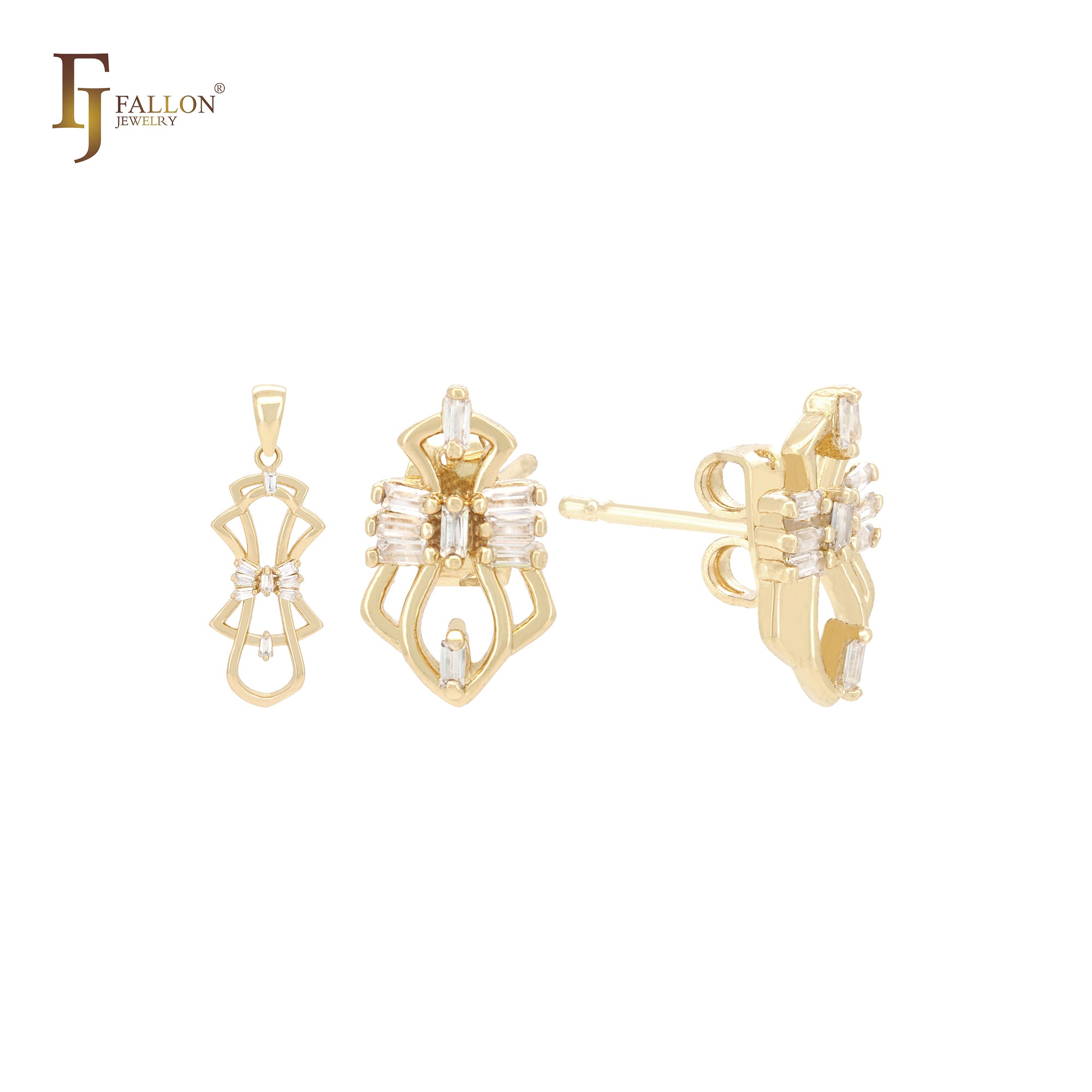 Conjunto de aretes tipo botón de oro de 14 k con circonitas blancas y colgante