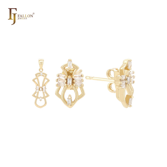Conjunto de aretes tipo botón de oro de 14 k con circonitas blancas y colgante
