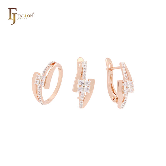 Conjunto de joyas de oro rosa de dos tonos con anillos y símbolo de rayo de circonitas blancas