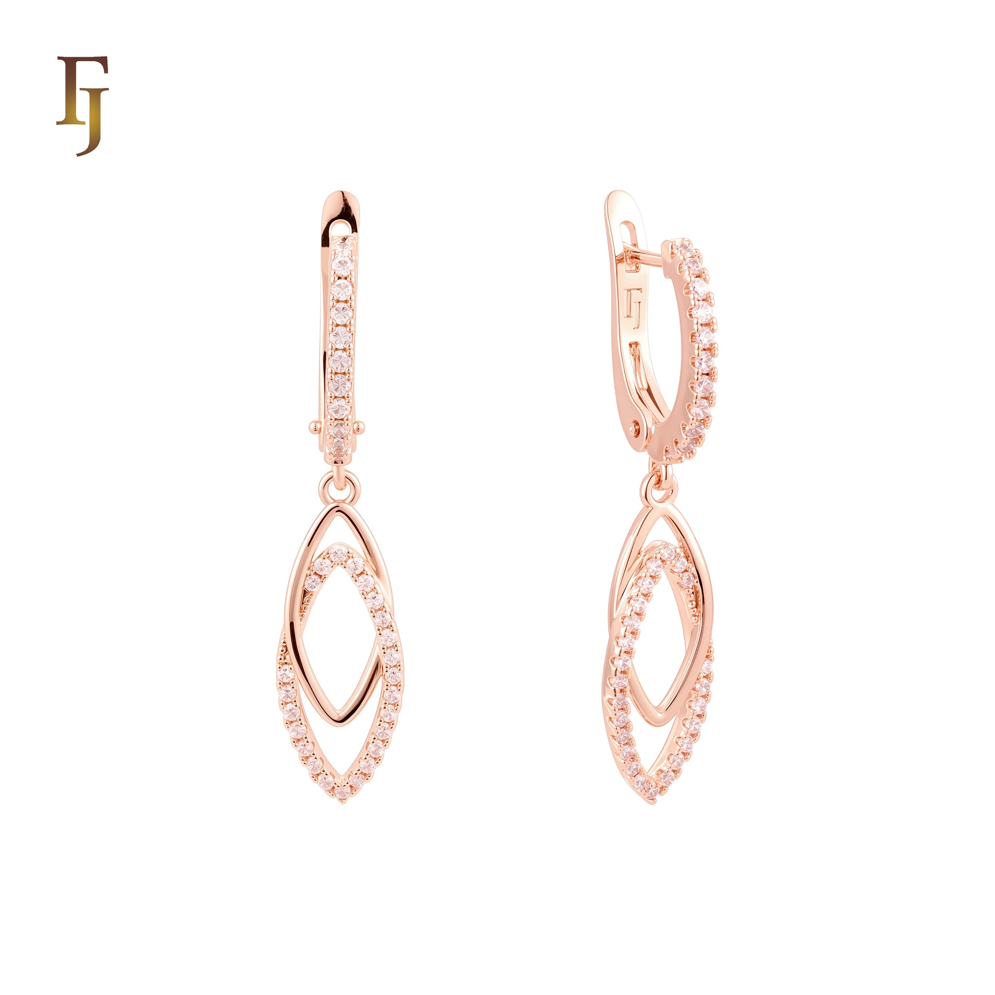 Double Marquise crossing paved white CZs Rose Gold Russian Lock Earrings