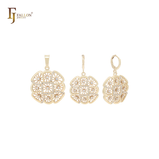 Conjunto de joyas de oro de 14 quilates con colgante y circonitas blancas en forma de caleidoscopio radiactivo octogonal con copos de nieve