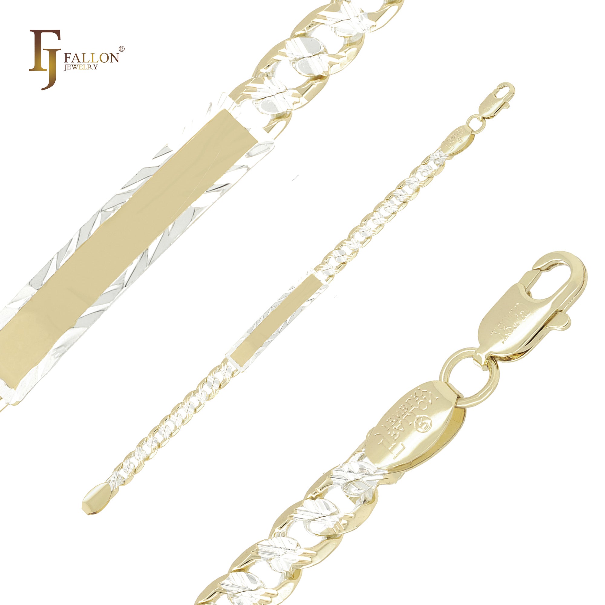 Pulseras de identificación para hombre en oro blanco de 14 quilates, en dos tonos, con marco martillado y eslabones de cadena.