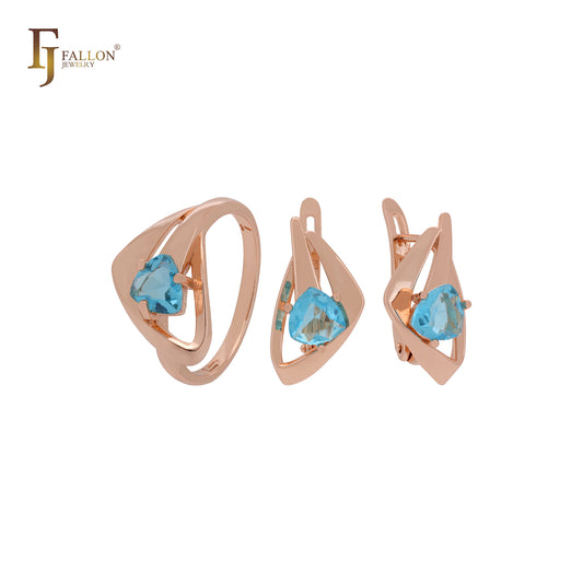 Conjunto de joyas de oro rosa con circonita cúbica azul lago, corte triangular, solitario geométrico triangular y anillos