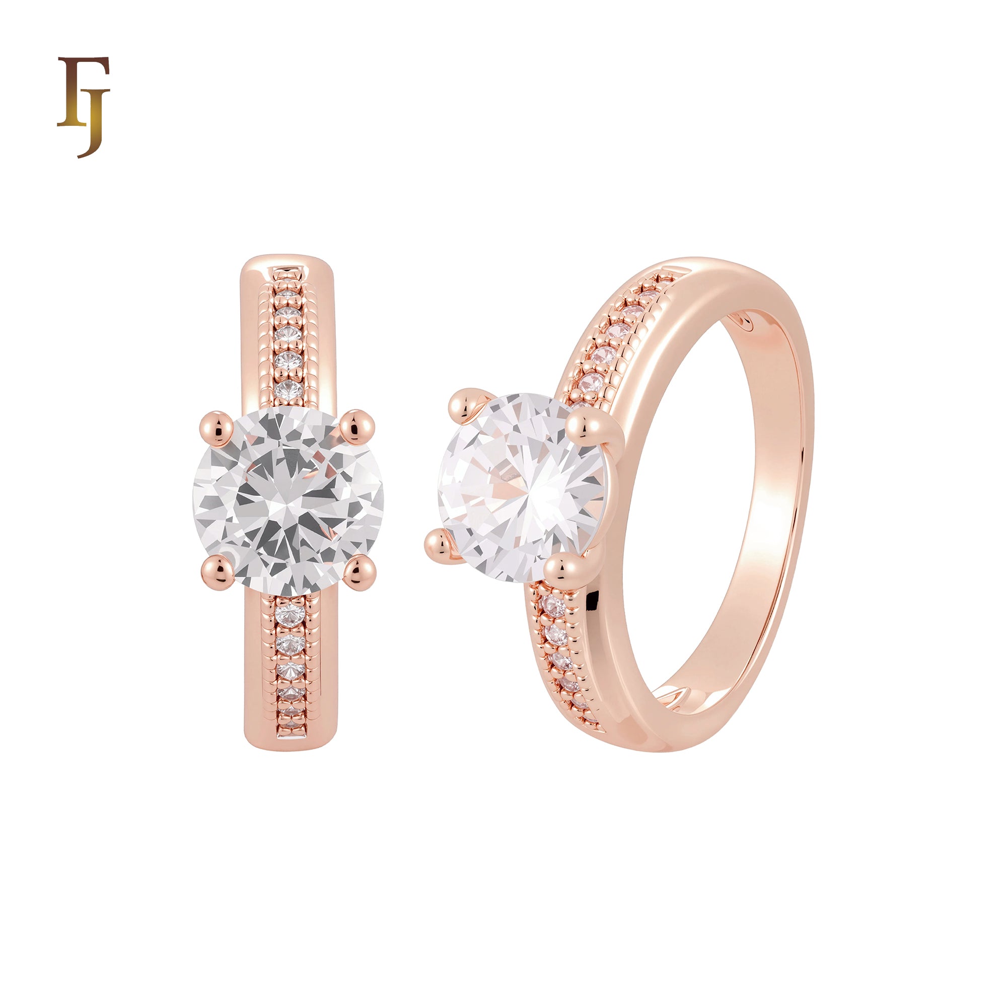 Centered paved white CZs 14K Gold, Rose Gold Wedding Set Rings Engagement and Band