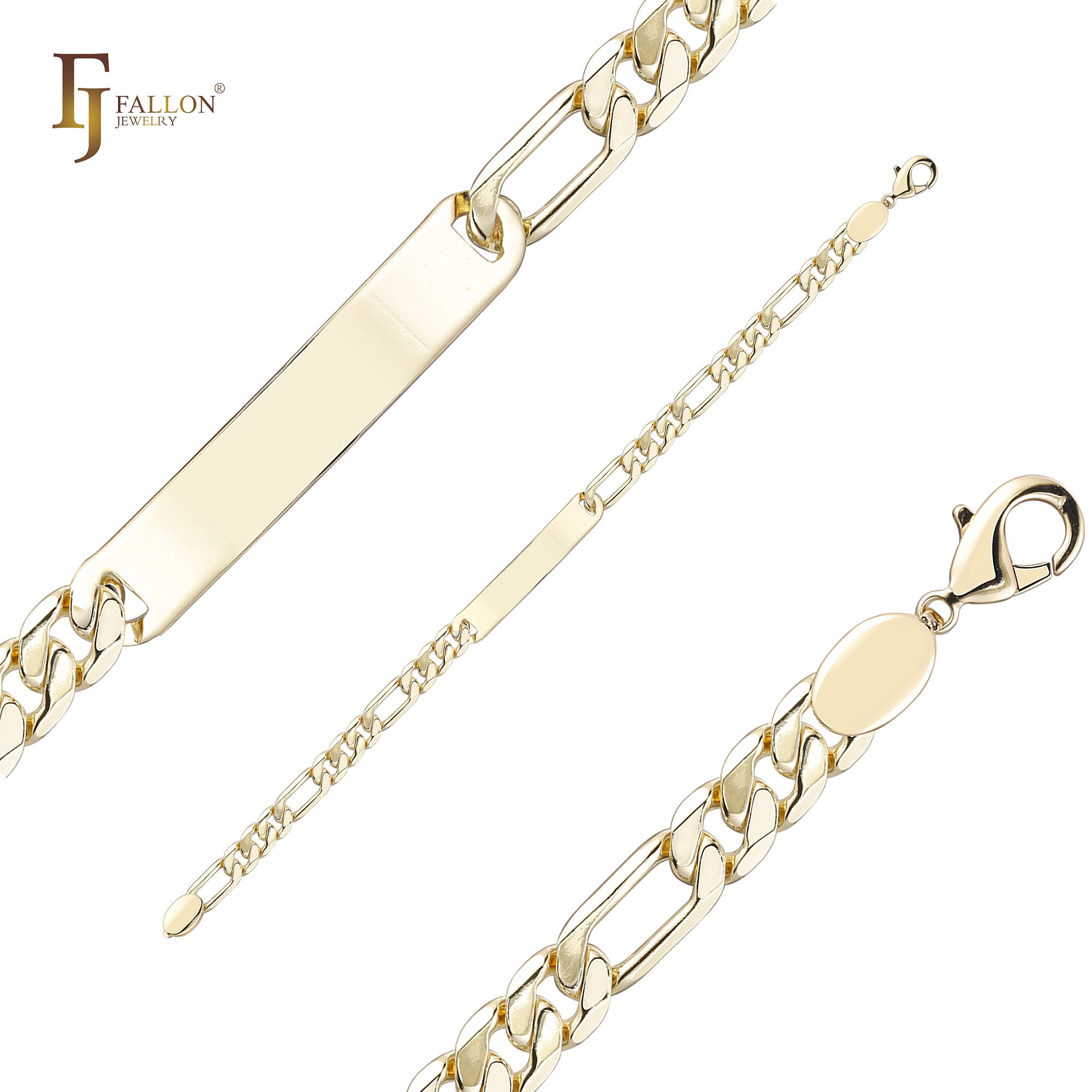 Bonitos brazaletes de identificación para hombre con eslabones Figaro pulidos chapados en Oro 14K.