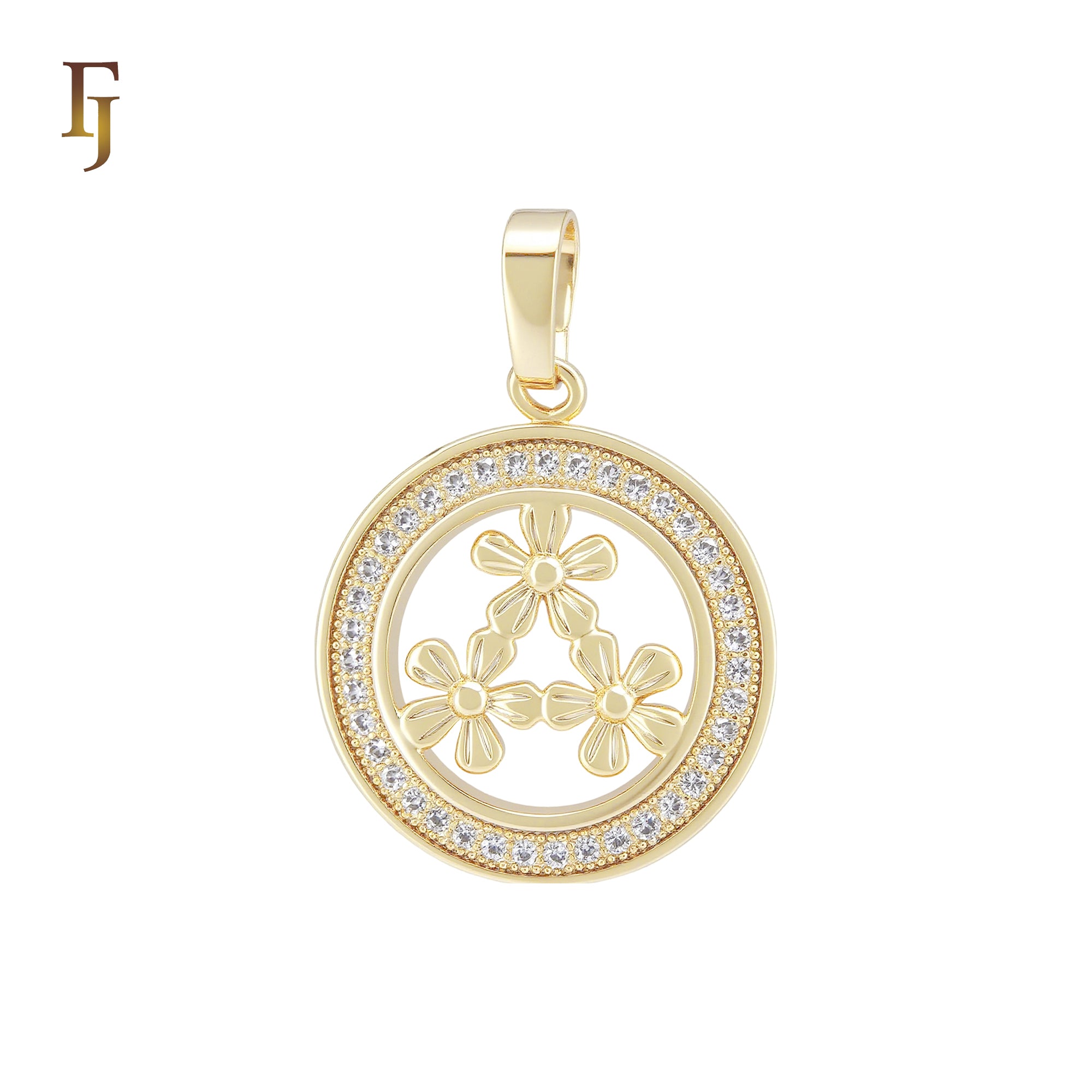 Rounded Halo white CZs triple flower 14K Gold Pendant