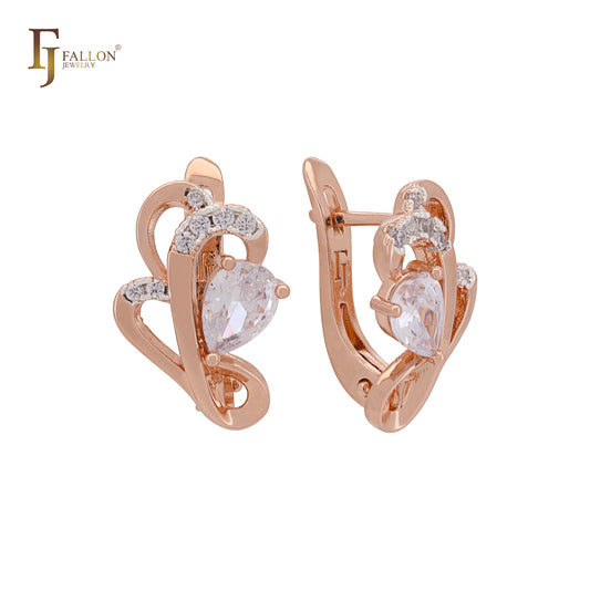 Pendientes de clip bicolor en oro rosa con flor curva de circonitas blancas