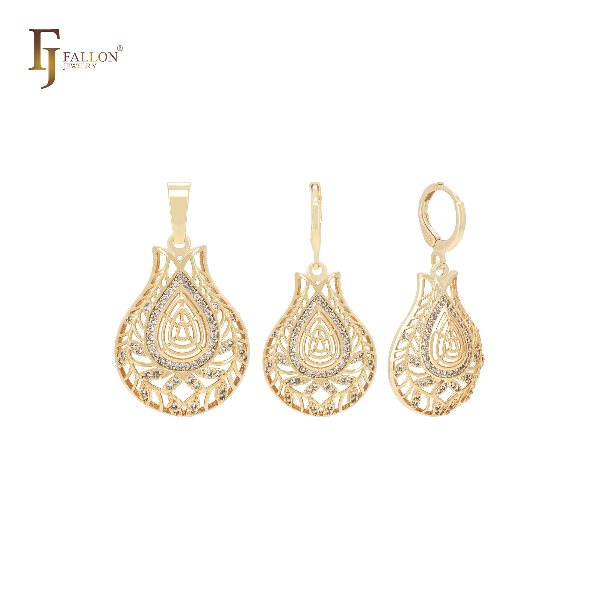 Conjunto de joyería de oro de 14 quilates con colgante y filigrana de botella de circonitas blancas