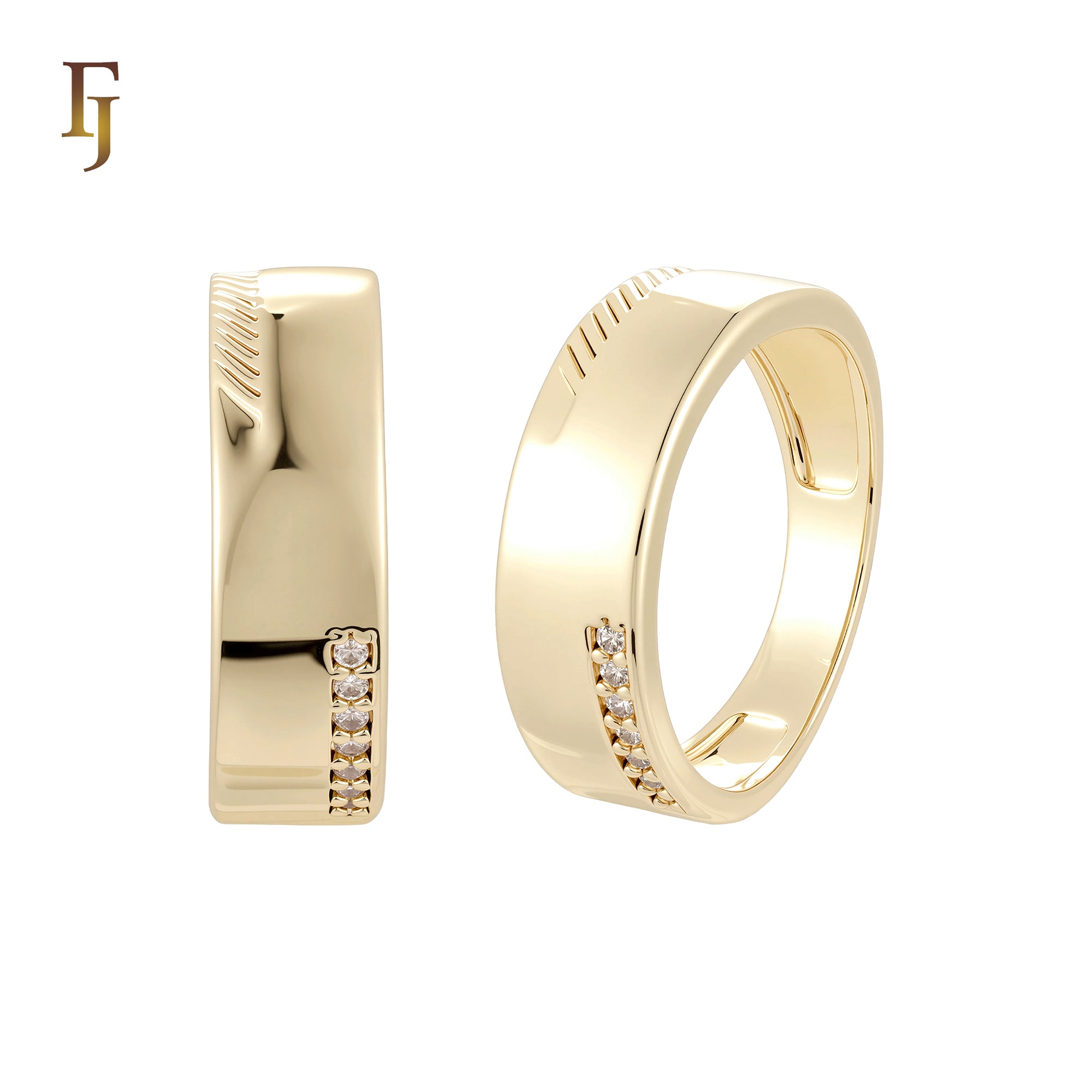 Wide hammered and paved white CZs 14K Gold, Rose Gold Wedding Set Rings Engagement and Band