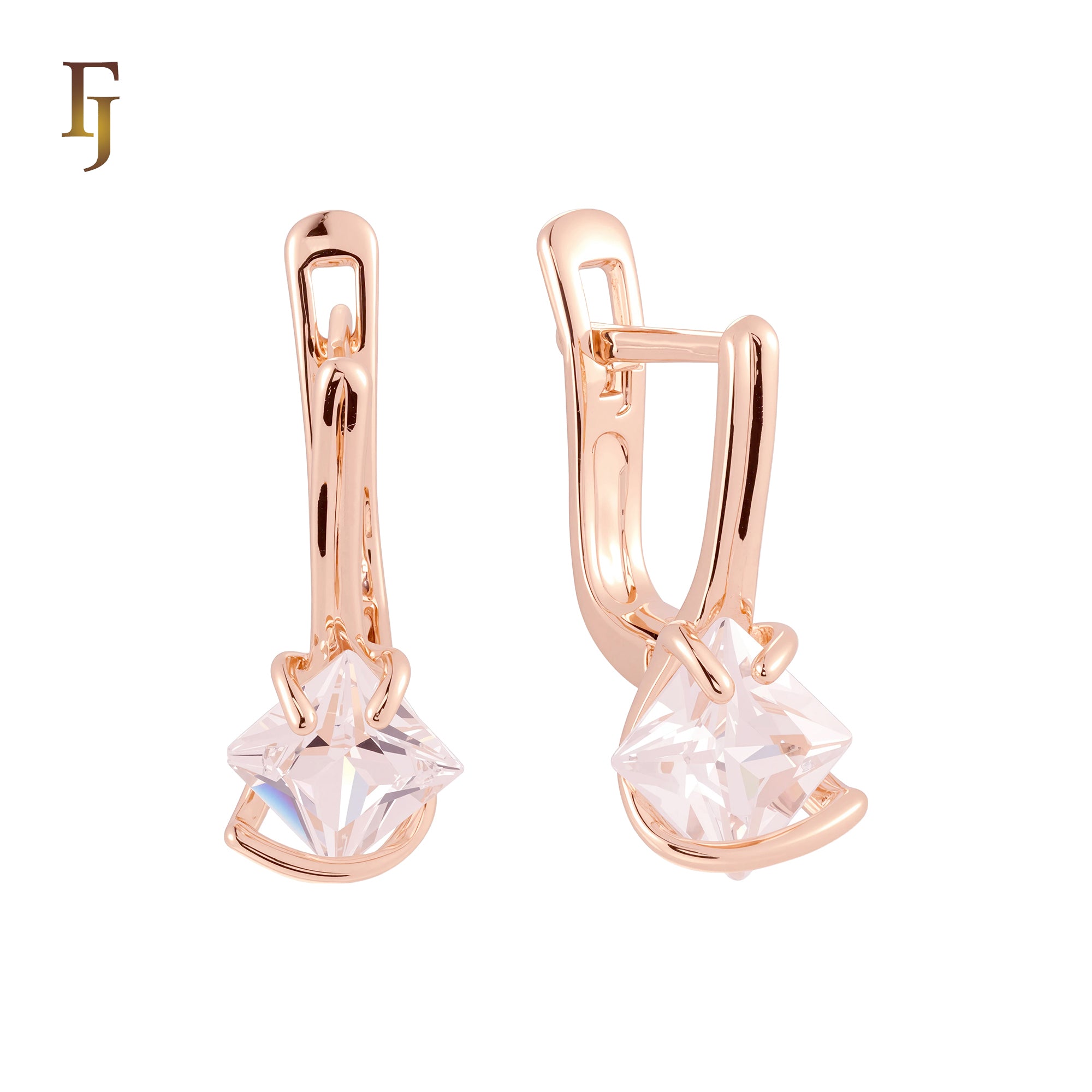 Solitaire clawed Princess Cut white CZ Rose Gold Russian Lock Earrings