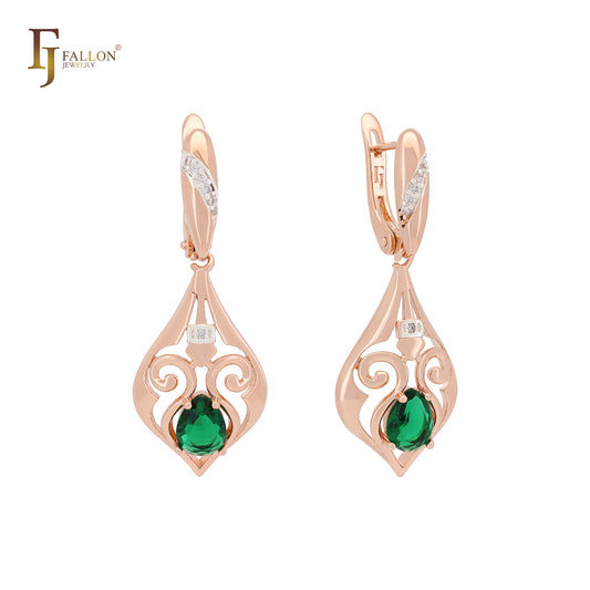 Pendientes de clip de oro rosa de dos tonos con circonitas esmeralda y diseño lujoso