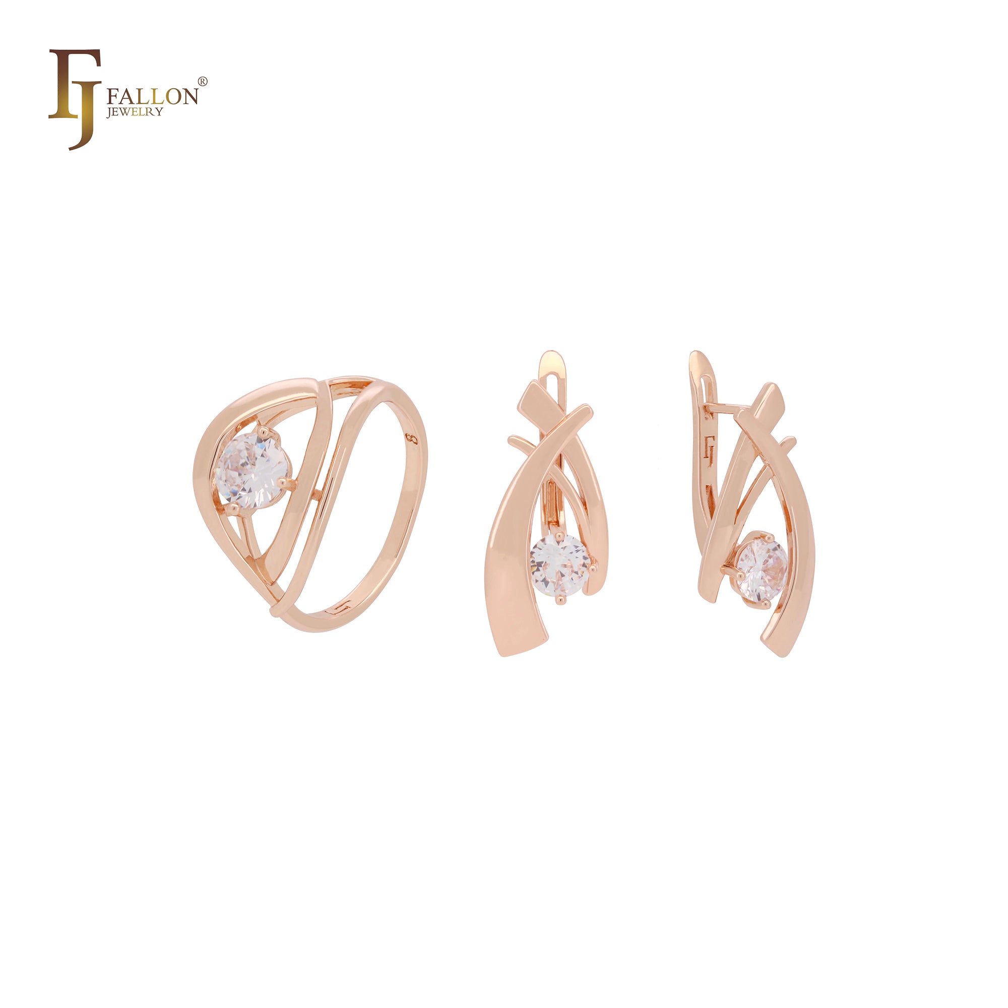 Conjunto de joyas geométricas de oro rosa con solitario de circonita blanca y anillos