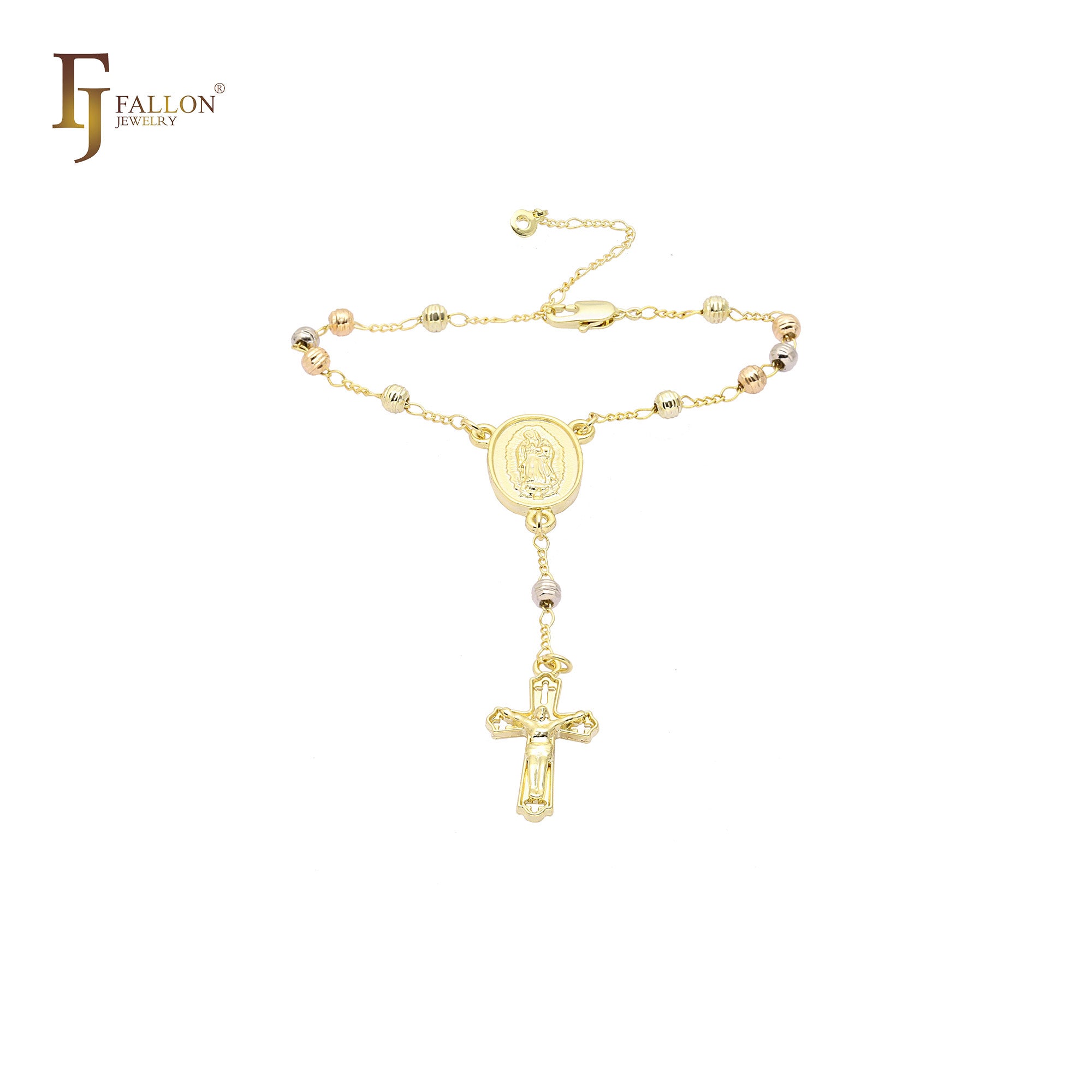 Italian Virgin of Guadalupe Catholic Rosary Necklace (Grooved Beads) plated in 14K Gold two tone