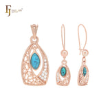 Conjunto de joyas de oro rosa con colgante de turquesa ovalada en cesta