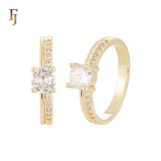 Solitaire white CZs band paved white CZs 14K Gold Engagement Rings