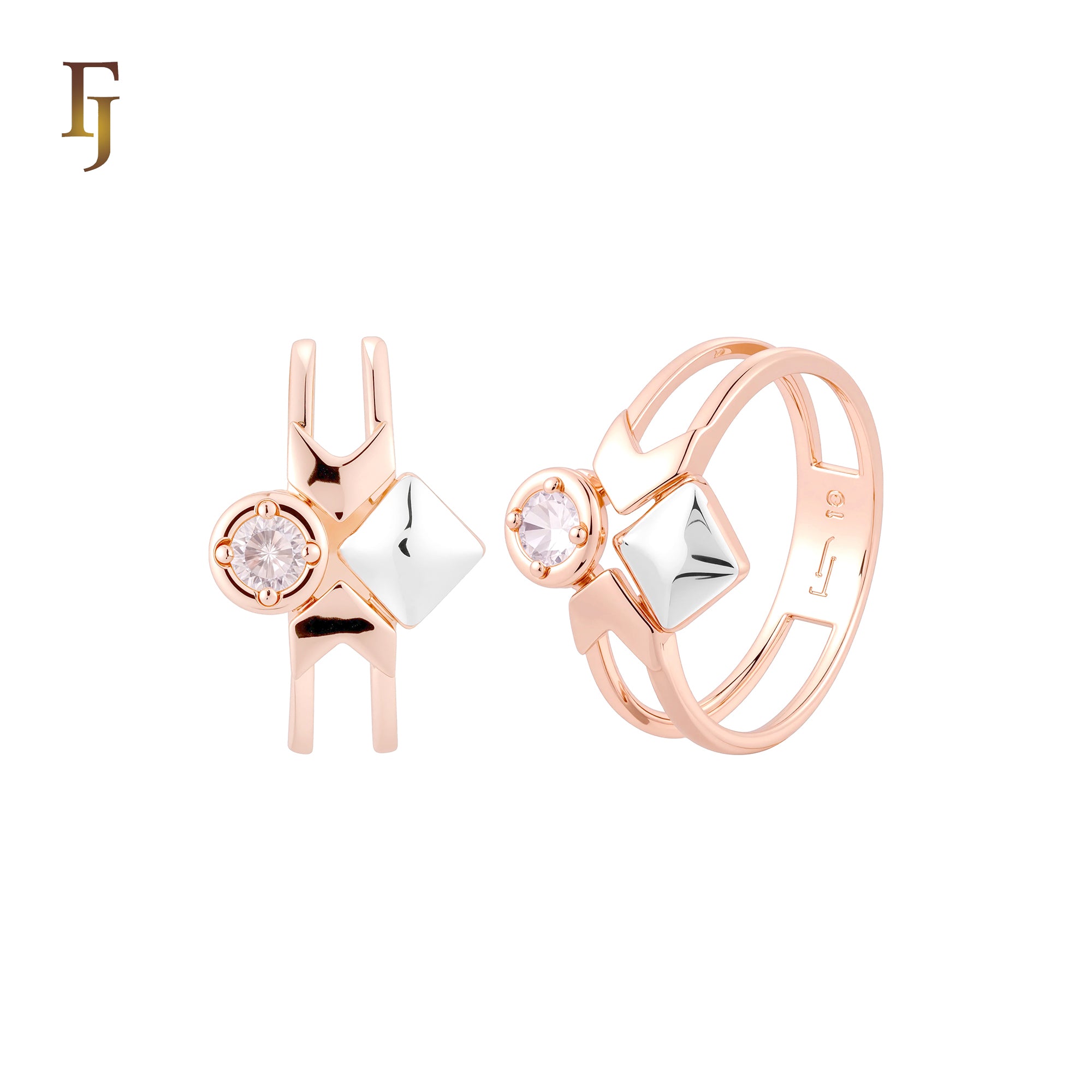 Round and Rhombus solitaire White CZ Rose Gold two tone Fashion Rings