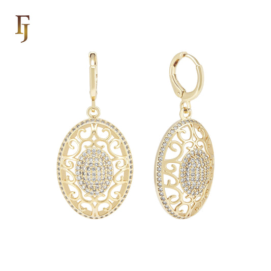 Oval Halo white CZs 14K Gold Huggie drop Earrings