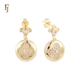 Clover of white CZs bead 14K Gold, Rose Gold drop Stud Earrings