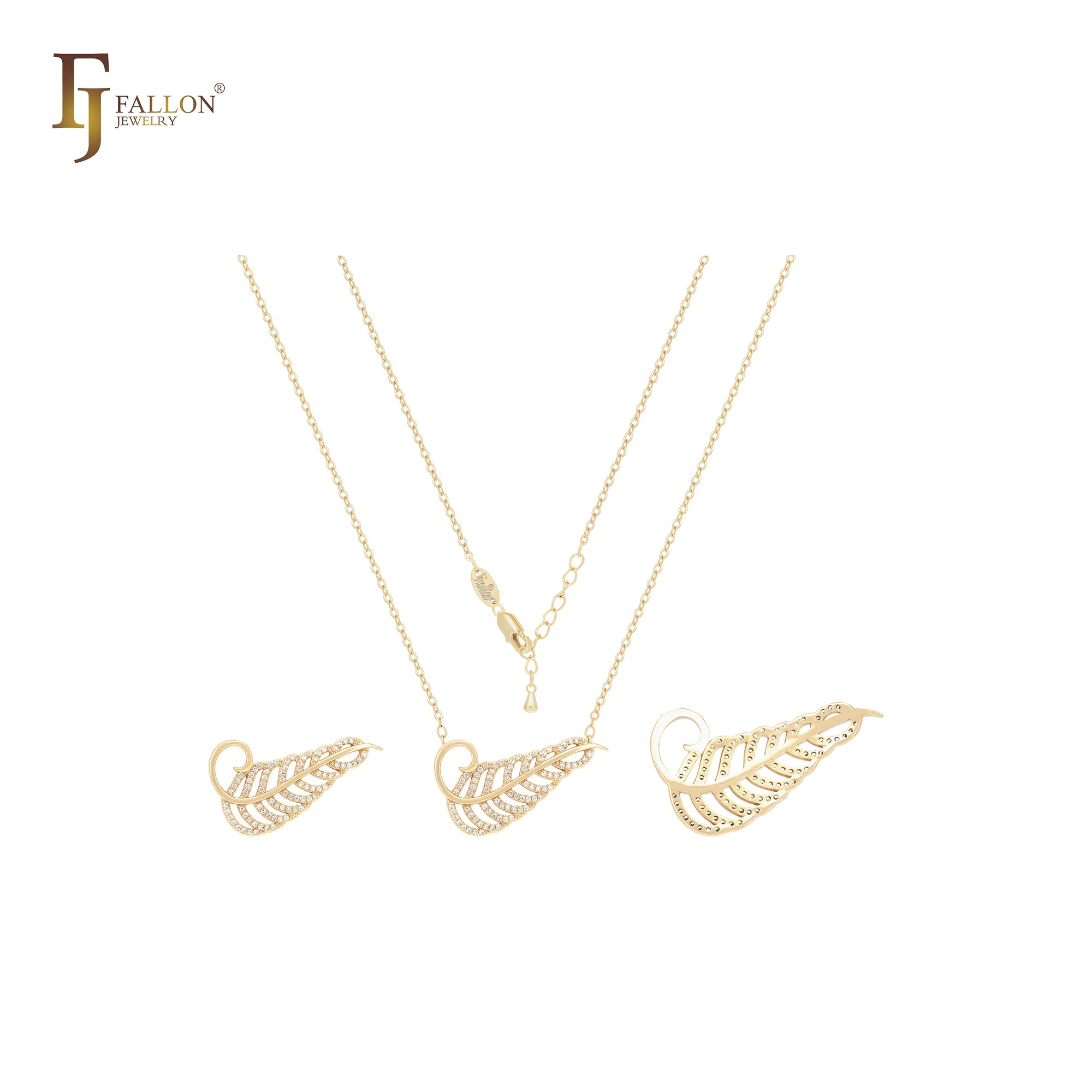 Collar de oro de 14 quilates con hojas de plumas y circonitas blancas
