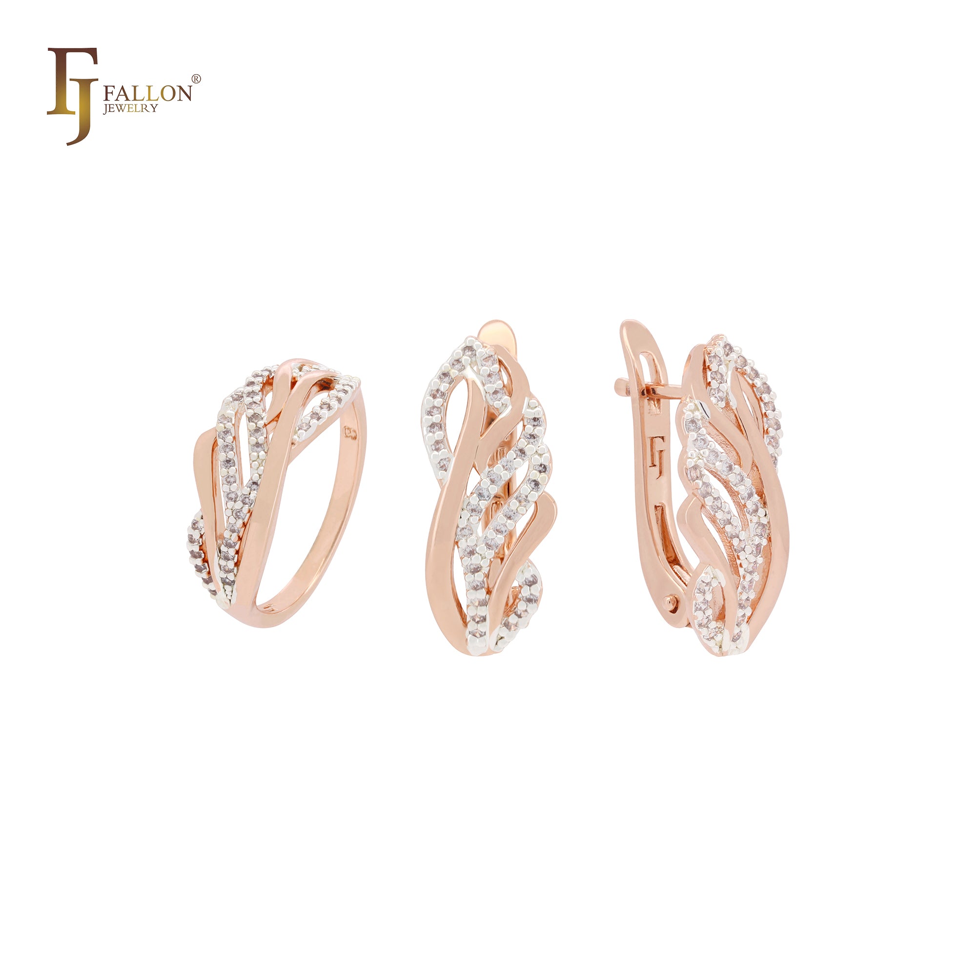 Conjunto de joyas de oro rosa de dos tonos con pluma de fénix y circonitas blancas pavimentadas y anillos.