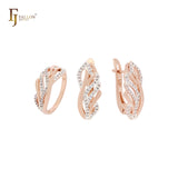 Conjunto de joyas de oro rosa de dos tonos con pluma de fénix y circonitas blancas pavimentadas y anillos.