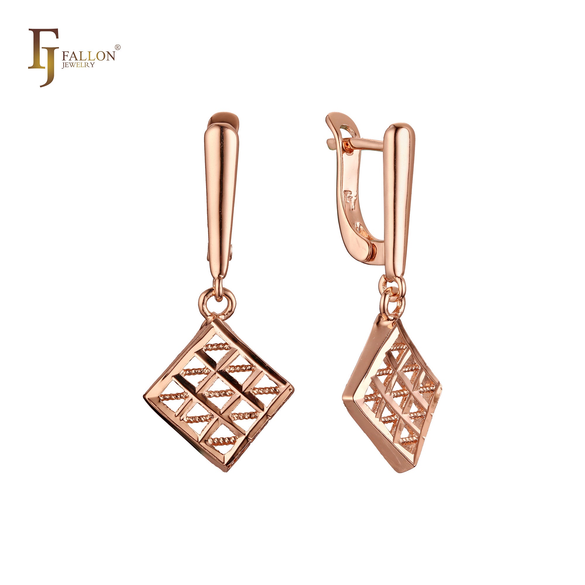 Drop Rhombus Hollow filigree Rose Gold Russian Lock Earrings