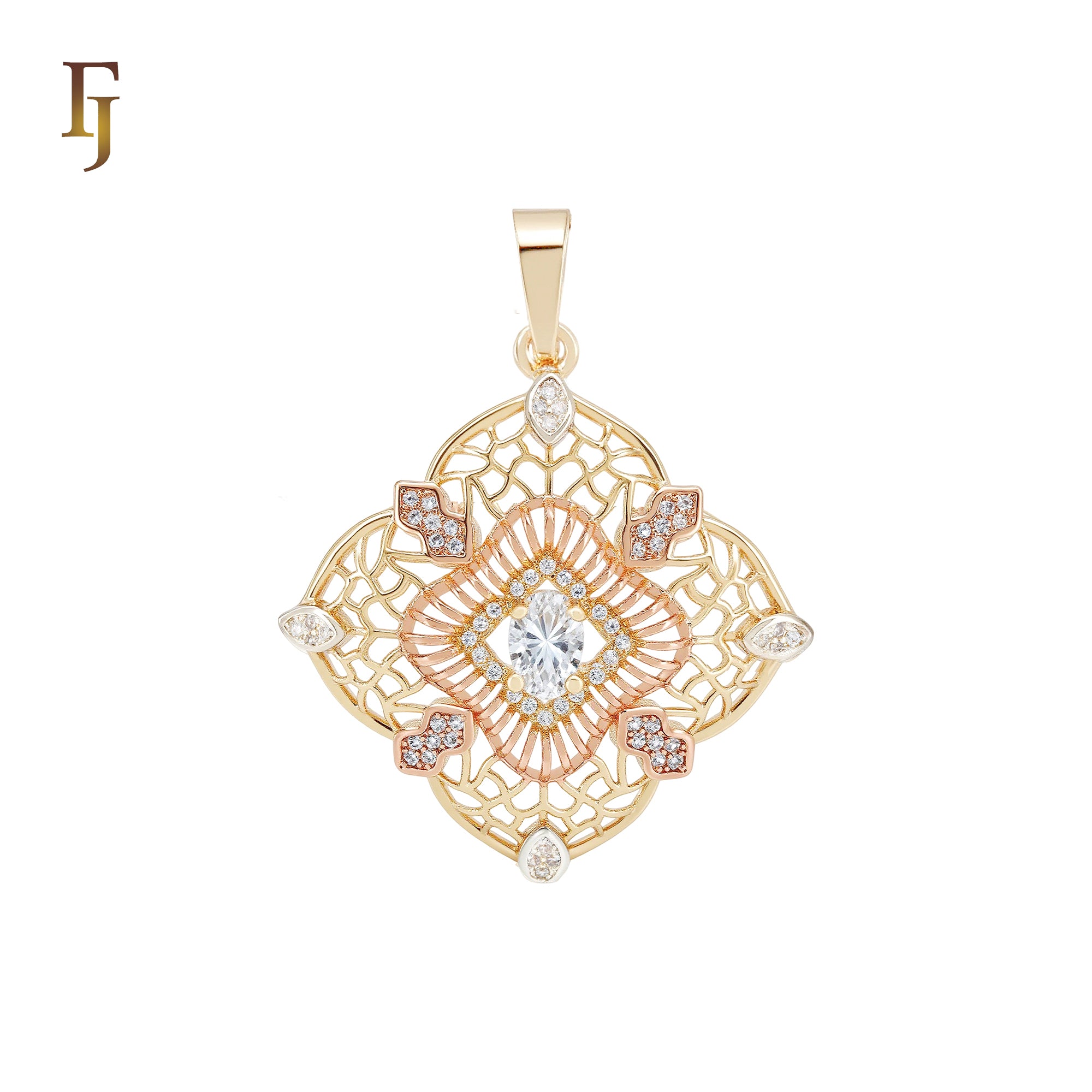 Rhombus shaped filigree white CZs 14K Gold, Rose Gold Pendant