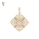 Rhombus shaped filigree white CZs 14K Gold, Rose Gold Pendant