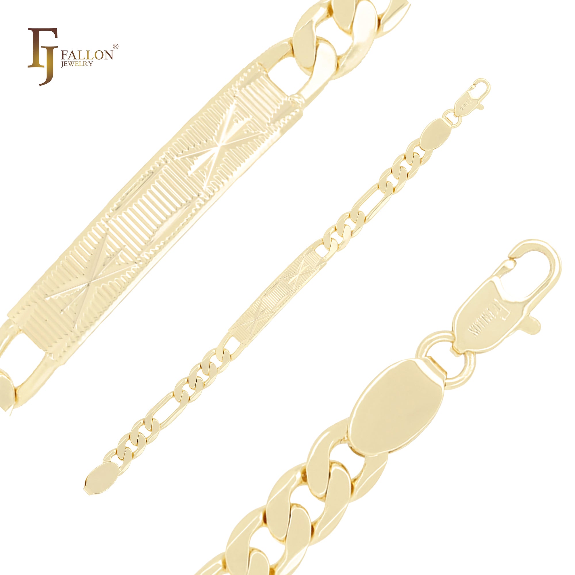 Pulseras de identificación para hombre de oro de 14 quilates con eslabones Figaro texturizados y cortes