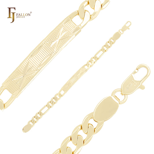 Pulseras de identificación para hombre de oro de 14 quilates con eslabones Figaro texturizados y cortes